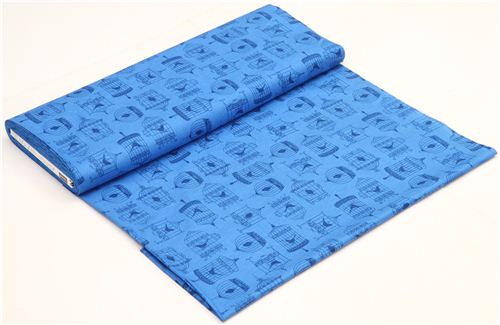 blue designer fabric with birds & bird cages from the USA 3