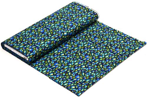 blauer Designer Stoff mit Pfauenrad und Goldverzierung 3