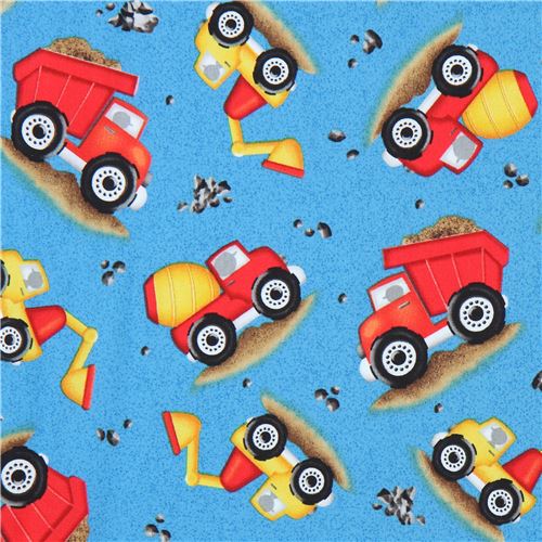 Tela azul con vehículo de obra construcción lunares azules Quilting