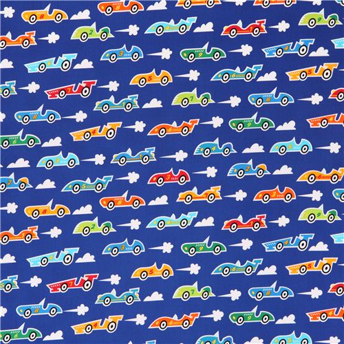 blue fabric for boys with retro racing car by Robert Kaufman Fabric by ...