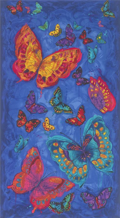 blue fabric with big colorful butterfly insect by Timeless Treasures Fabric