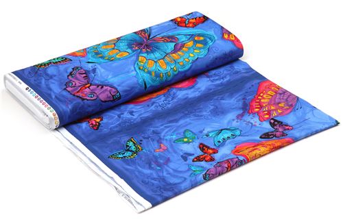 blue fabric with big colorful butterfly insect by Timeless Treasures  4