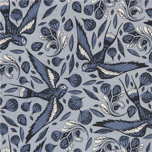 Tissu Cotton and Steel bleu avec des oiseaux et des fleurs Tissu
