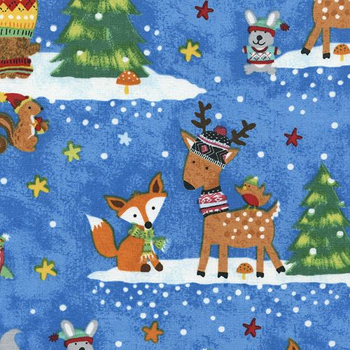 blue fabric with colorful deer bear fox Christmas by Timeless Treasures 1