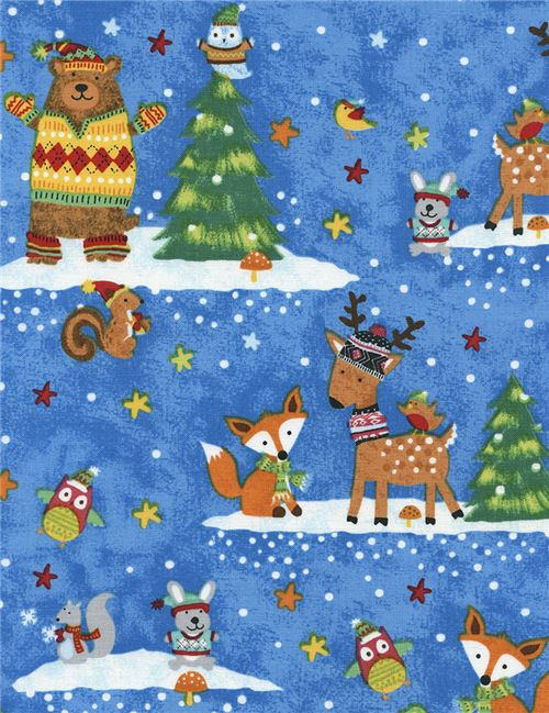 blue fabric with colorful deer bear fox Christmas by Timeless Treasures 2
