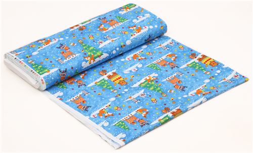 blue fabric with colorful deer bear fox Christmas by Timeless Treasures 3