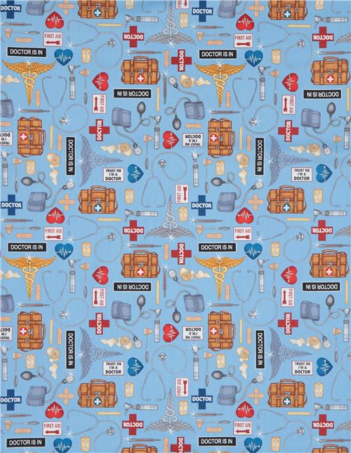 blue fabric with medical doctor equipment Quilting Treasures  2