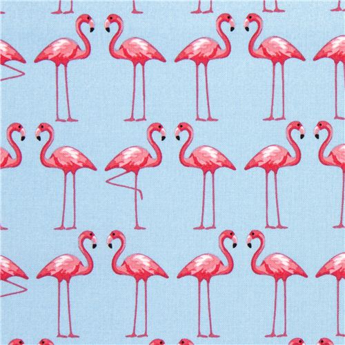 blue fabric with pink flamingos by Michael Miller - modeS4u