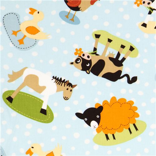 blue farm animal fabric with dots by Robert Kaufman Fabric