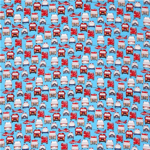 blue fire truck police car poplin fabric for boys by Cosmo from Japan ...