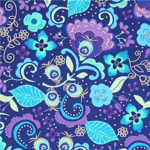 blue flower pattern fabric metallic Timeless Treasures Fabric by