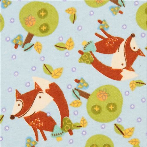 blue fox forest tree animal flannel fabric Fox Toss USA Fabric by ...