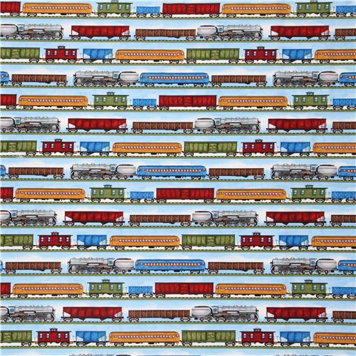 blue freight train in streipes fabric by Timeless Treasures 2