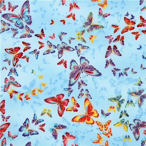 blue gold metallic colorful butterfly fabric by Timeless Treasures