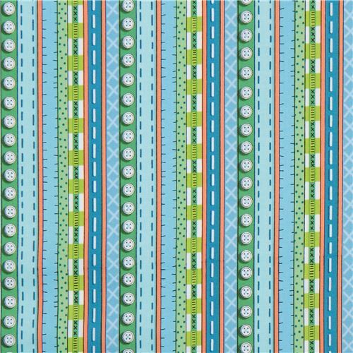 Fat Quarter (50 x 54 cm) - Blauer und grüner Stoff mit Streifen und Knöpfen von Quilting Treasures 2