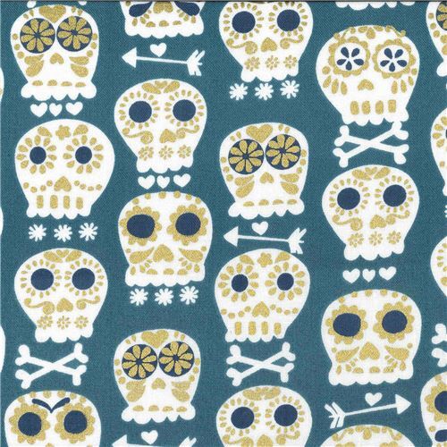 blue-grey Michael Miller skull fabric with metallic embellishment Fabric
