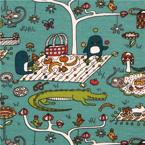 blue grey 'picnic' crocodile & penguin flower birch knit organic fabric USA 2
