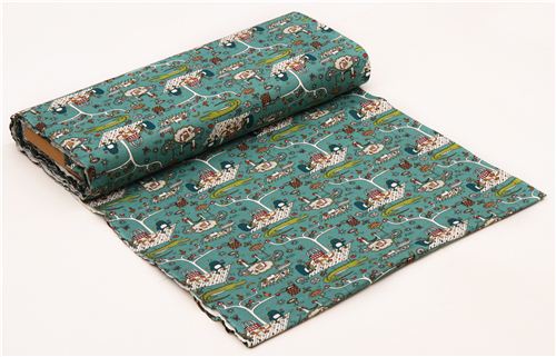blue grey 'picnic' crocodile & penguin flower birch knit organic fabric USA 5