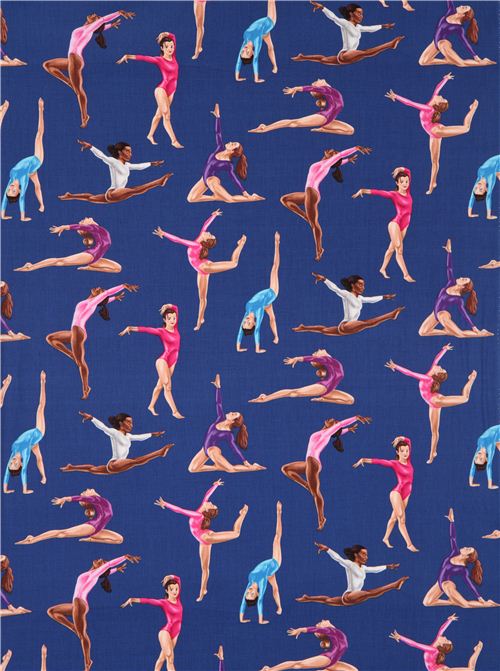 blue gymnasts sports fabric by Timeless Treasures USA Retro Fabric