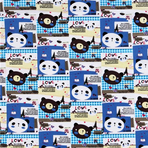 blue kawaii bears canvas fabric with Eiffel Tower 2