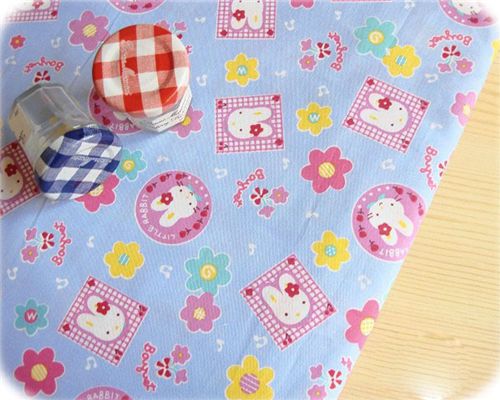 blauer kawaii Stoff mit Hasen Blumen 0,5m 1