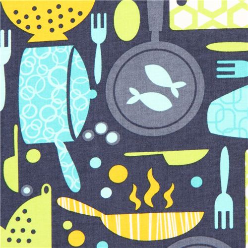 blue kitchen pans cutlery fabric by Timeless Treasures USA 1