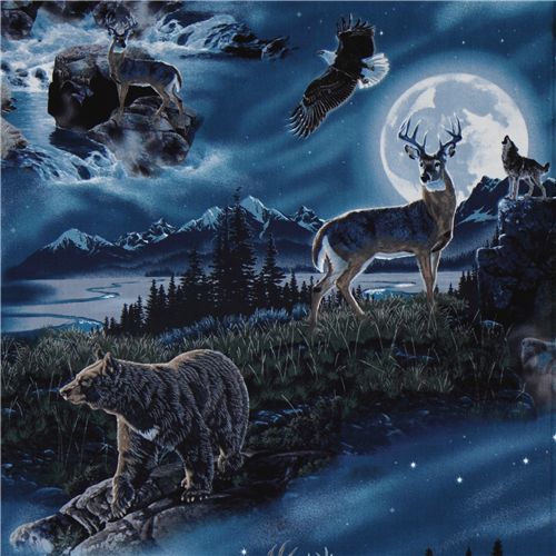 blue night landscape fabric deer bear Robert Kaufman 1
