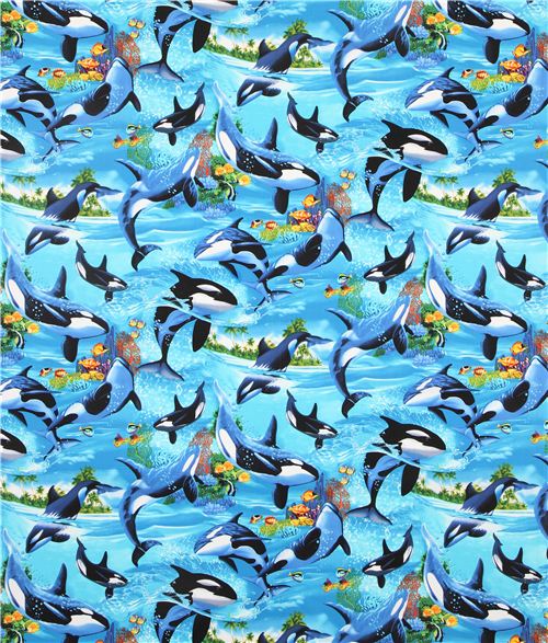 blue orca killer whale animal fabric by Timeless Treasures 2