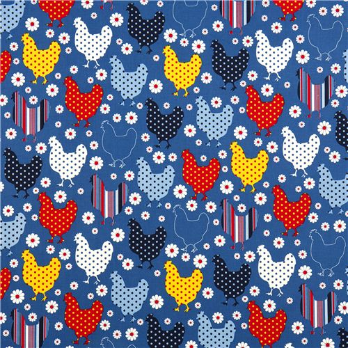 blauer Bio-Stoff mit Huhn & Blumen von Robert Kaufman 2