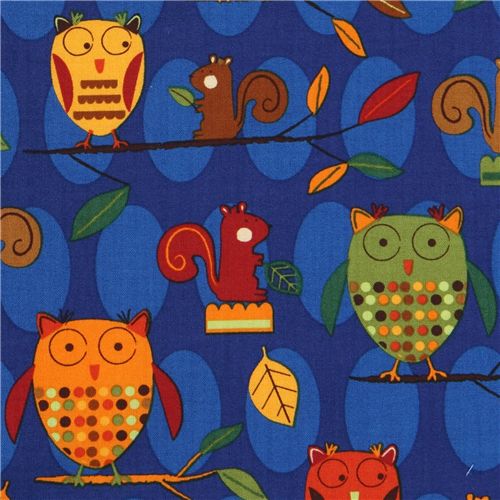 blue owls squirrel fabric Robert Kaufman 1