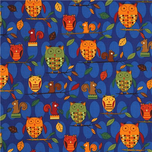 blue owls squirrel fabric Robert Kaufman 2