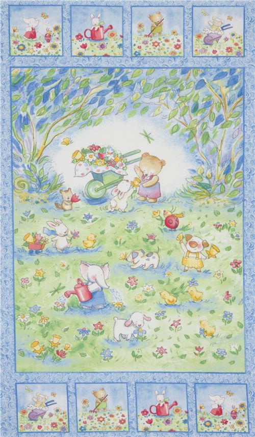 blue panel flannel fabric animals garden Timeless Treasures 2