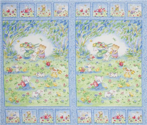 blue panel flannel fabric animals garden Timeless Treasures 3