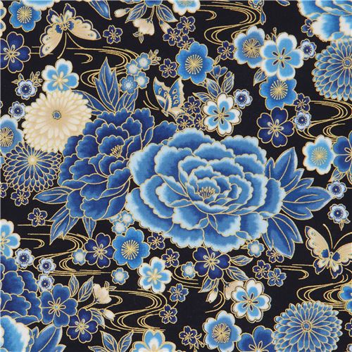 Resto de 30 cm - Tela de flores de Robert Kaufman con peonías azules sobre  fondo negro - modesS4u