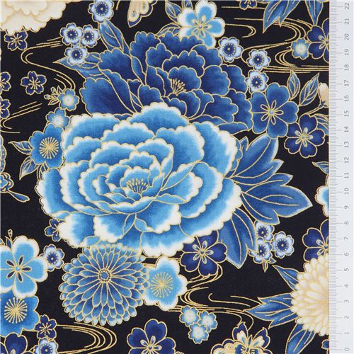 Remnant 30 cm - blue peony fabric by Robert Kaufman in black 2