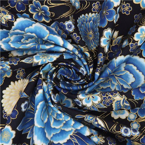 Remnant 30 cm - blue peony fabric by Robert Kaufman in black 5
