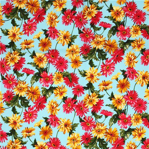 blue pink yellow gerbera flower Michael Miller fabric 2