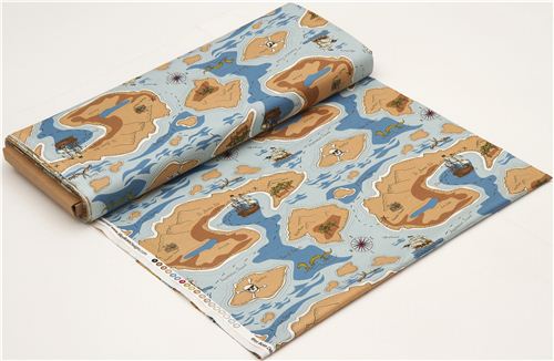 blauer Piraten Stoff Schatzkarte Totenkopf Riley Blake USA Fabric