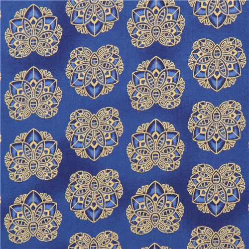 blue pretty leaf ornament design gold metallic fabric Robert Kaufman Studio RK Fabric by Robert