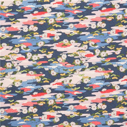 blue pretty pattern flower cloud gold metallic embellishment fabric