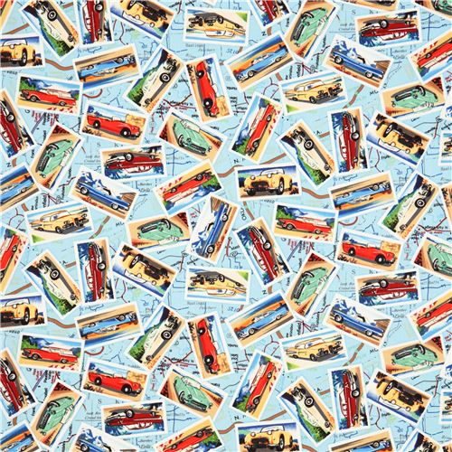 blauer Retro Auto Pin up Stoff von Robert Kaufman USA 2