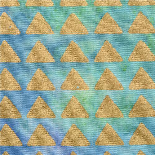 Tela sarong batik azul verde algodón desteñido triángulos dorados metalizados Tela
