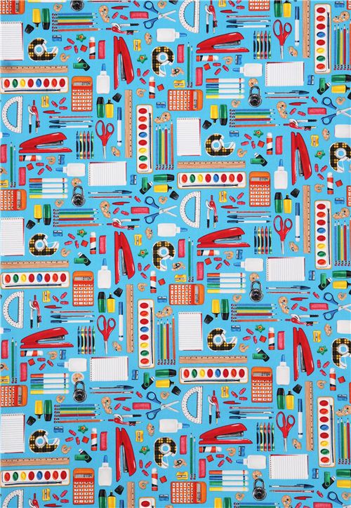 blue school supplies office stationery fabric by Timeless Treasures  2