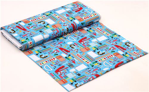 blue school supplies office stationery fabric by Timeless Treasures  3