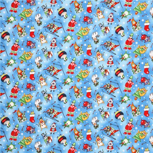 blue ski cat Christmas animal fabric Elizabeth's Studio from the USA 2