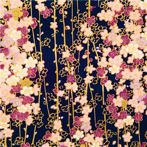 Tela azul algodón suave Japón flores sakura rosa violeta blanco dorado  metálico - modesS4u