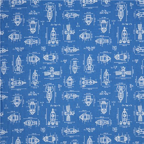 blue spaceship sketches & formulas fabric 'Spaced Out' Robert Kaufman 3