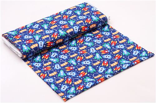 blue spaceship space fabric Michael Miller Space Station Fabric by ...