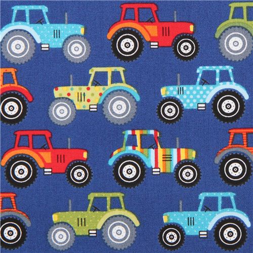 blue tractor car fabric by Andover USA - modeS4u