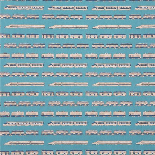 blue train transport Canvas fabric Kokka Japan 2